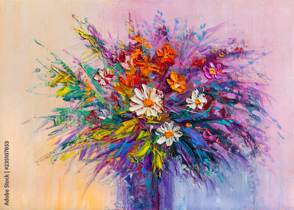 Oil painting a bouquet of flowers . - obrazy, fototapety, plakaty 