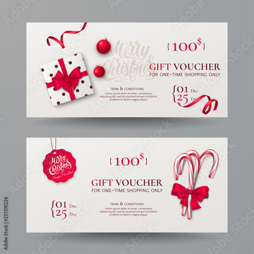 Vector set of gift vouchers with candy canes, gift box, bow, ribbon and christmas toy. Festive template for design of holiday certificate or card with lettering Merry Christmas. Isolated on background