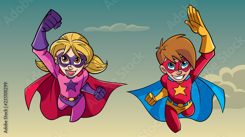 Illustration of happy super boy and super girl flying high in the sky side by side.

