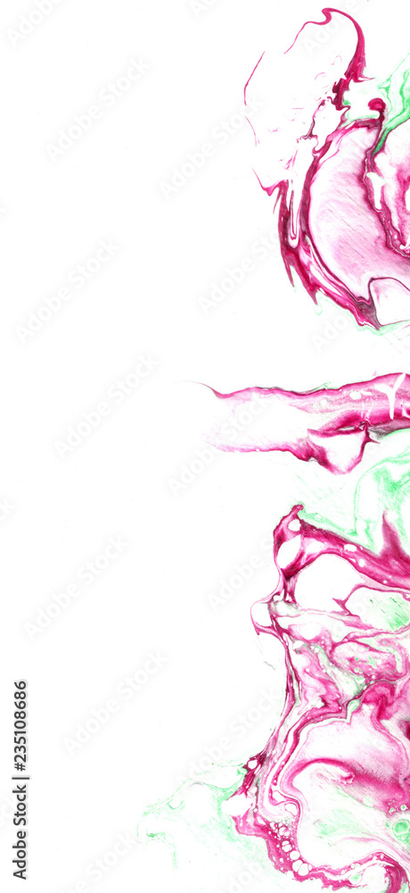 Very beautiful textural background. Crimson paint flows in green on a white background. The style includes curls of marble or pulsations of agate with bubbles and cells. Very beautiful textural background. Crimson paint flows in green on a white background. The style includes curls of marble or pulsations of agate with bubbles and cells.
