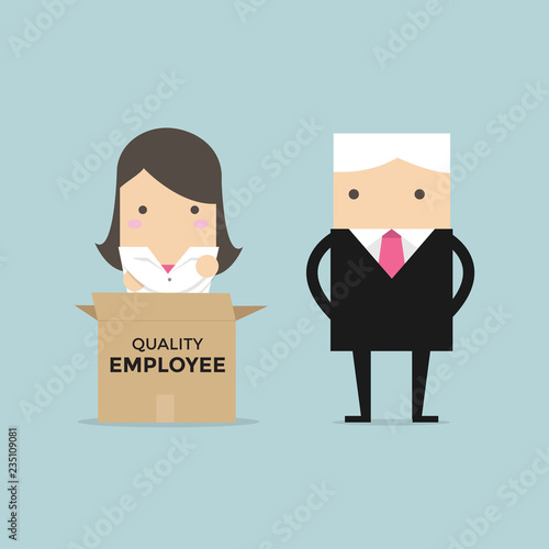 Businessman manager unpack a box of quality employee.