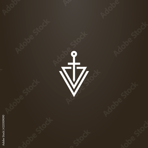 white sign on a black background. vector abstract line art sign of a sword piercing two triangles