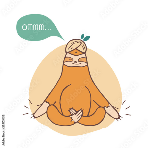 Funny sloth sitting cross legged and meditating