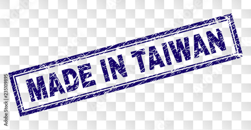 MADE IN TAIWAN stamp seal imprint with rubber print style and double framed rectangle shape. Stamp is placed on a transparent background.