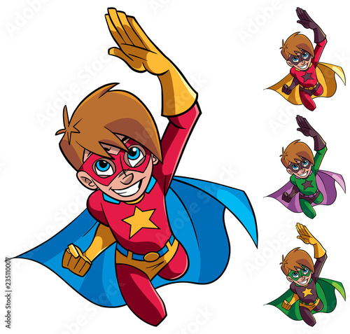 Full length cartoon illustration of powerful and healthy super boy flying while wearing superhero costume against white background for copy space.