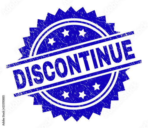 DISCONTINUE stamp seal watermark with distress style. Blue vector rubber print of DISCONTINUE text with retro texture.