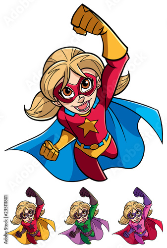 Full length cartoon illustration of powerful and healthy super girl flying while wearing superhero costume against white background for copy space.
