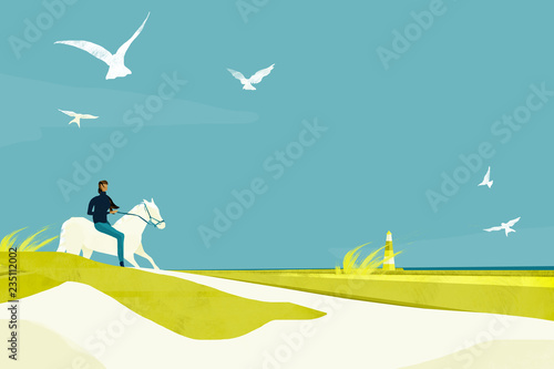 Woman riding on a white horse in dunes with lighthouse and birds in background 