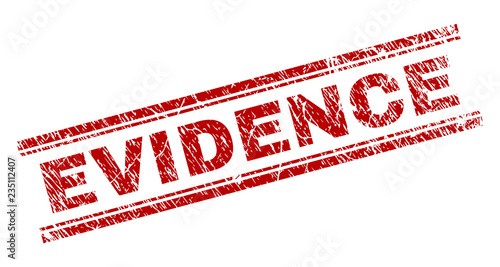 EVIDENCE seal print with grunge texture. Red vector rubber print of EVIDENCE tag with scratched texture. Text tag is placed between double parallel lines.