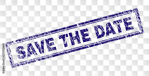 SAVE THE DATE stamp seal imprint with rubber print style and double framed rectangle shape. Stamp is placed on a transparent background.
