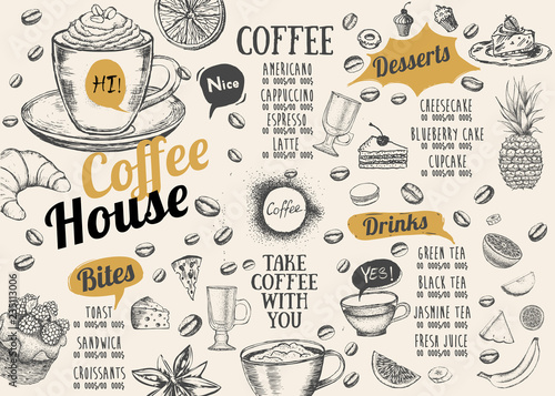 Coffee house menu. Restaurant cafe menu, template design. Food flyer.
