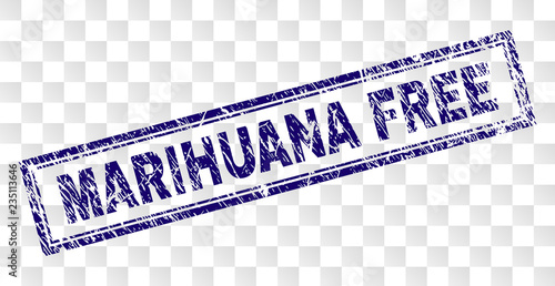 MARIHUANA FREE stamp seal print with grunge style and double framed rectangle shape. Stamp is placed on a transparent background.
