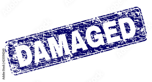 DAMAGED stamp seal print with distress style. Seal shape is a rounded rectangle with frame. Blue vector rubber print of DAMAGED title with grunge style.