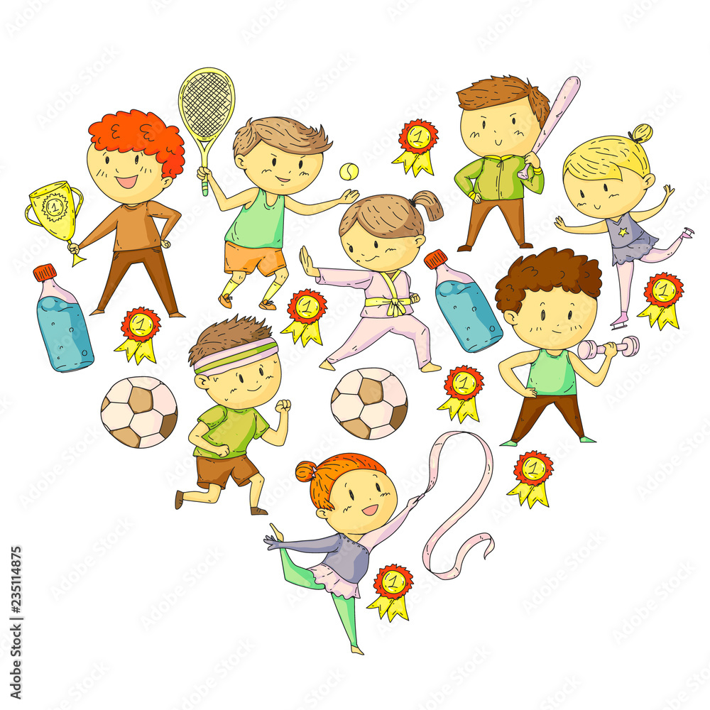 Children sport competitions. Young atheles playing soccer, football, baseball, basketball. Boys and girls running. Images of rhythic gymnastics, figure skating. Children sport competitions. Young atheles playing soccer, football, baseball, basketball. Boys and girls running. Images of rhythic gymnastics, figure skating.