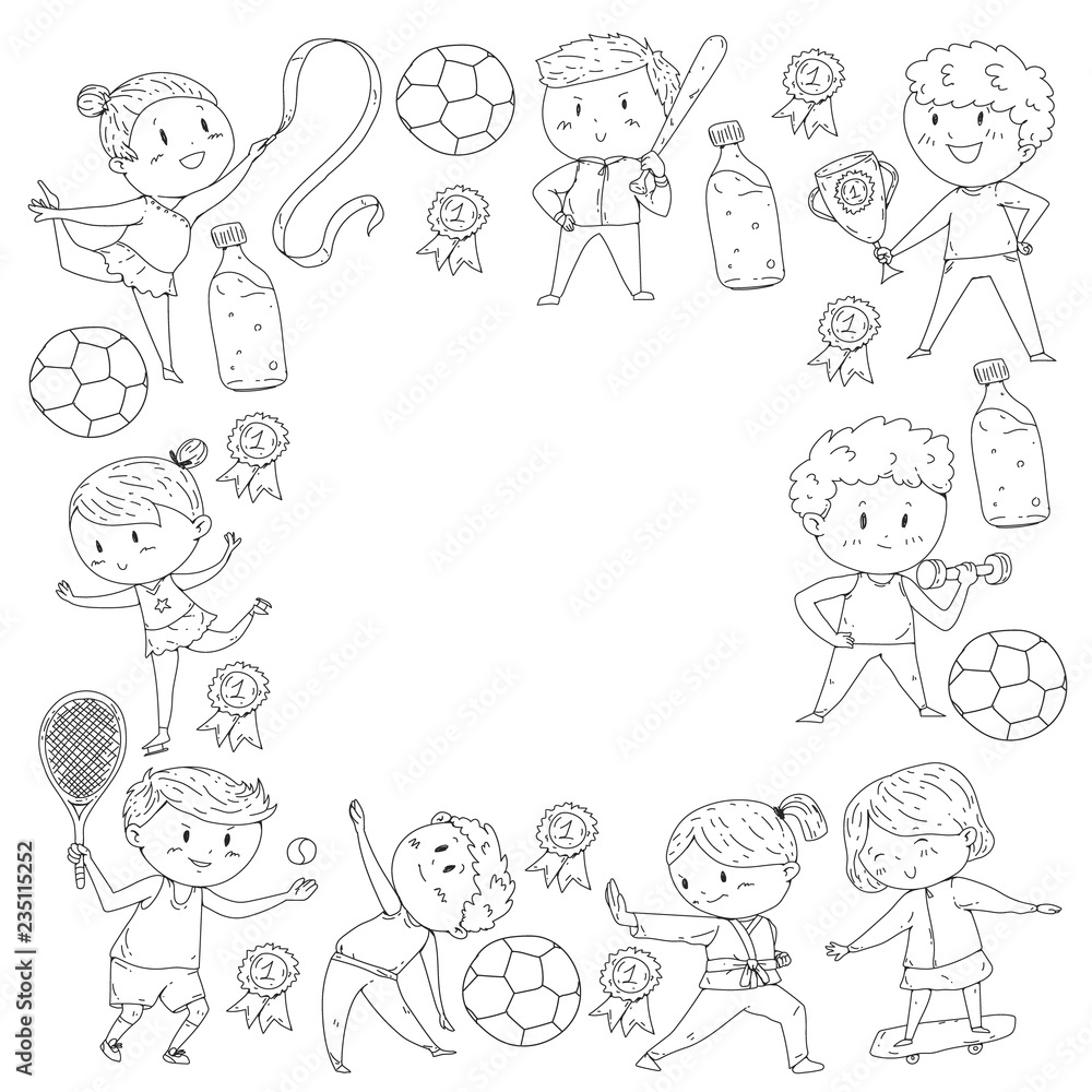 Children sport competitions. Young atheles playing soccer, football, baseball, basketball. Boys and girls running. Images of rhythic gymnastics, figure skating. Children sport competitions. Young atheles playing soccer, football, baseball, basketball. Boys and girls running. Images of rhythic gymnastics, figure skating.