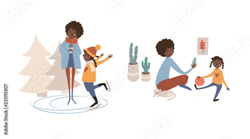 Single black mother with daughter and cat