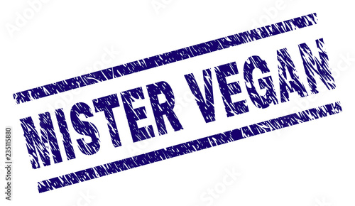 MISTER VEGAN seal imprint with scratced style. Blue vector rubber print of MISTER VEGAN tag with unclean texture. Text tag is placed between parallel lines.