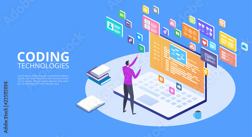 Developing programming and coding technologies concept. Isometric programmer