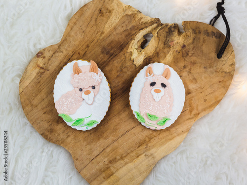 Two hand painted gingerbreads on a wooden background. The cute ilama shaped are painted on the gingerbread. Close-up. photo