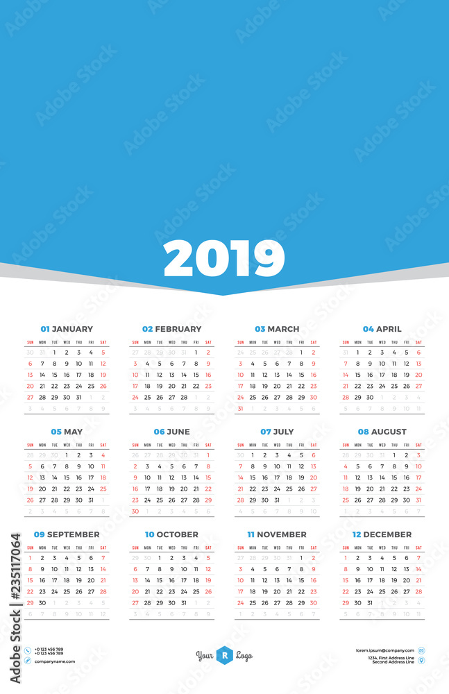 Calendar design template for 2019 year. Week starts on Sunday. Stationery design. Vector calendar poster with place for photo Calendar design template for 2019 year. Week starts on Sunday. Stationery design. Vector calendar poster with place for photo