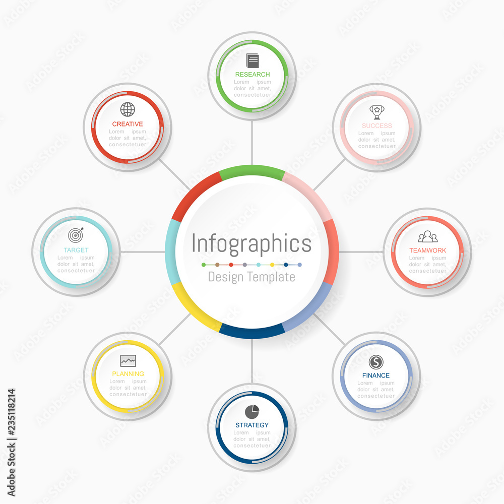 Fototapeta premium Infographic design elements for your business data with 8 options, parts, steps, timelines or processes. Vector Illustration.