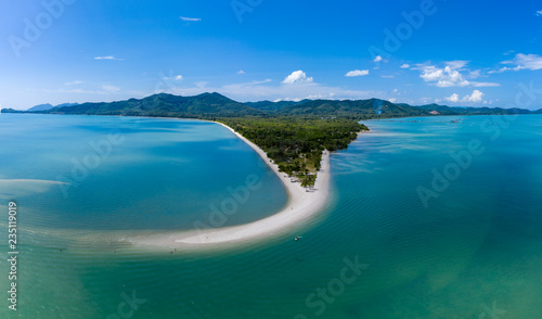 Aerial drone view of a beautiful sandy beach and tropical ocean (Laem Haad, Koh Yao Yai, Thailand)
