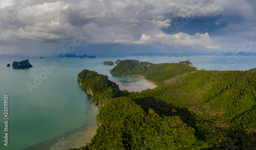 Aerial drone view of the rugged, beautiful island of Koh Yao Noi in the Phang Nga bay area of Thailand