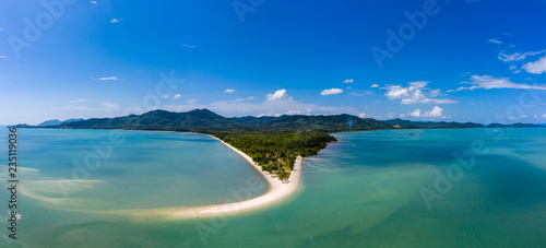 Aerial panoramic view of the beautiful sandy beach of Laem Haad off Koh Yao Yai island, Thailand photo