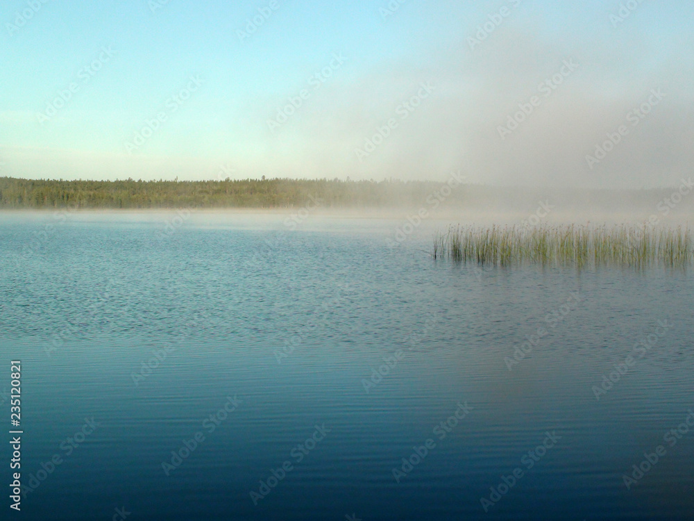 Morning fog leaves the lake Morning fog leaves the lake