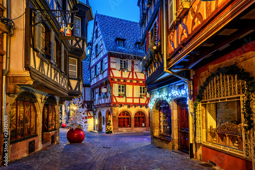 Traditional Christmas decorations and illumination in Colmar Old Town, Alsace, France