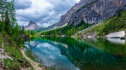 The panorama view of  Federa lake with the background of Dolomites Alps  Cortina D Ampezzo  South Tyrol  Dolomites  Italy.
