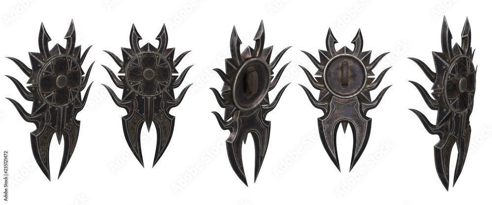 fantasy black shield with spikes on an isolated background. 3d illustration fantasy black shield with spikes on an isolated background. 3d illustration