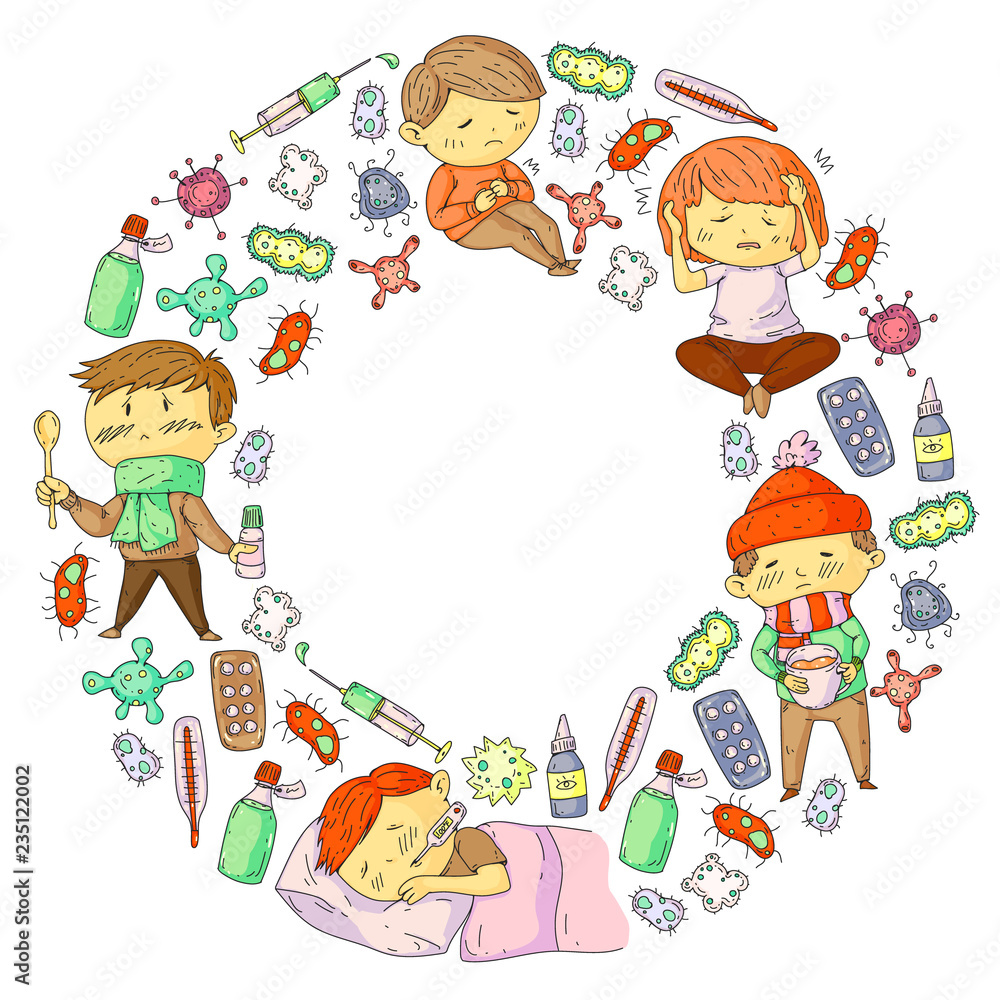 Children medical center. Healthcare illustration. Doodle icons with small kids, infection, fever, cold, virus, illness.