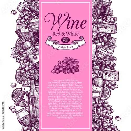 Vertical vintage poster for presentation of wine. Banner invitation for tasting or purchase of red and white wine decorated with set of bottles, wineglasses and snacks in hand drawing engraving style