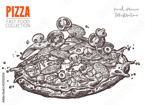 Whole pizza with different ingredients hand drawn. Delicious traditional Italian dish. Colorful sketch food for menus, signboards, posters and other design needs. Vector illustration isolated on white