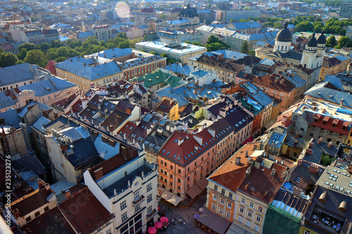 Panorama of old historical city center of Lviv. Ukraine, Europe. City view, from air