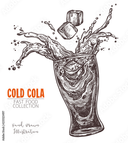 Glass with splashed cola and ice cube, hand drawn sketch in old engraving style. Fast food drink, lemonade or water. Monochrome image for menu, advertising, banners. Vector illustration on white