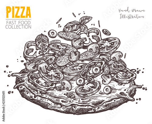 Hand drawn sketch pizza with salami and vegetables. Italian dish whole pizza with different ingredients in engraved vintage style and signature. Vector illustration isolated on white background