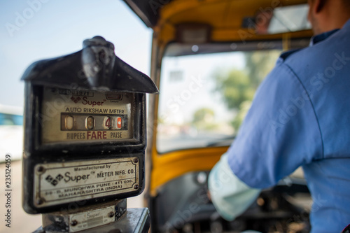 Close-up view of a taxi meter on a auto rickshaw (also known as Tuc Tuc). 