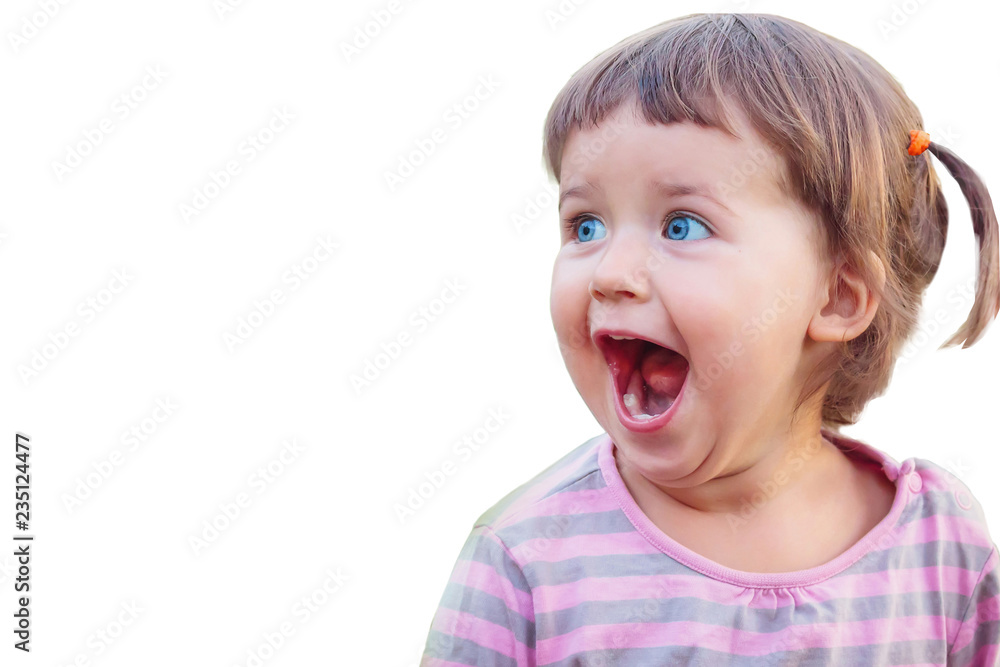 Little girl is surprised and happy, isolated on white background Little girl is surprised and happy, isolated on white background