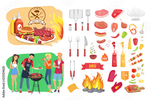 BBQ Party Time Icon Set Poster Vector Illustration