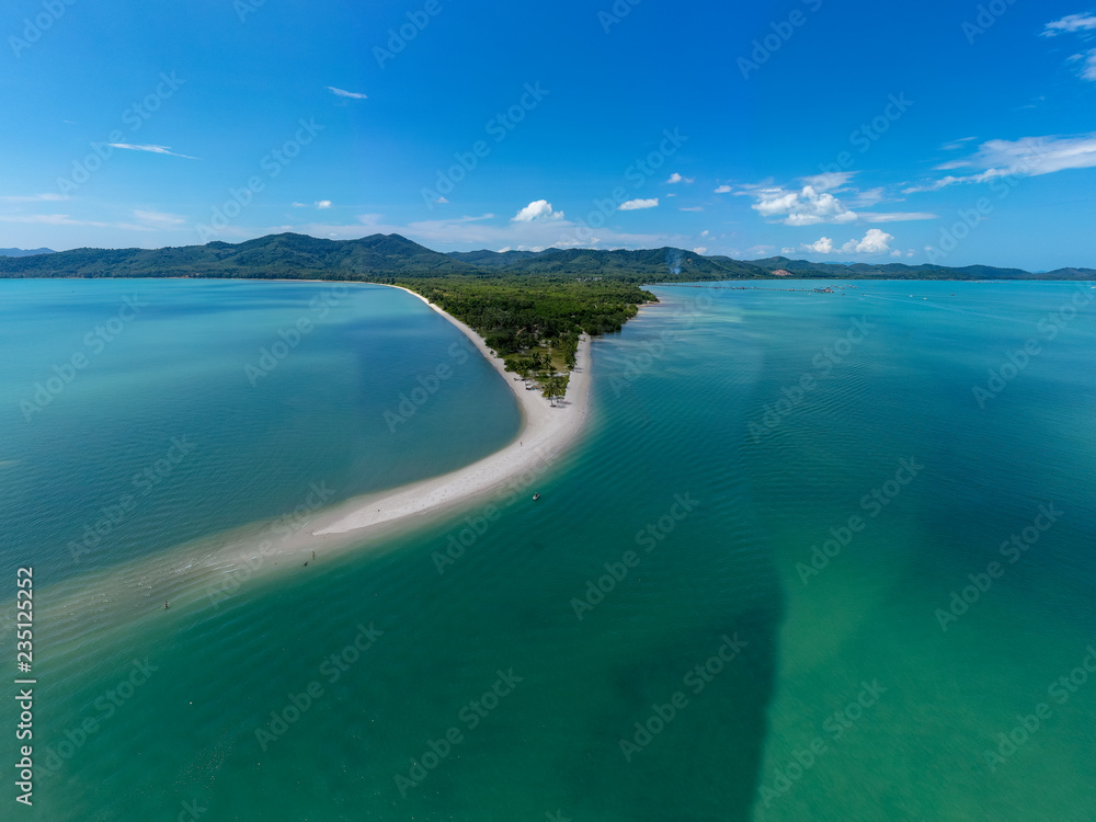 Aerial panoramic view of the beautiful sandy beach of Laem Haad off Koh Yao Yai island, Thailand