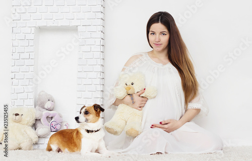 Fototapeta Naklejka Na Ścianę i Meble -  pregnant girl and dog together