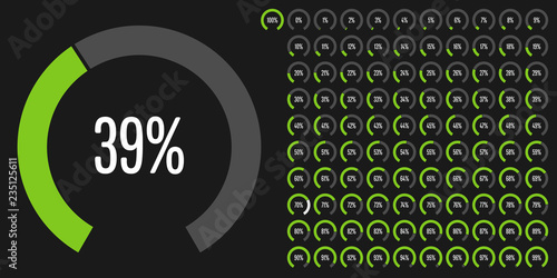 Set of circular sector percentage diagrams (meters) from 0 to 100 ready-to-use for web design, user interface (UI) or infographic - indicator with green