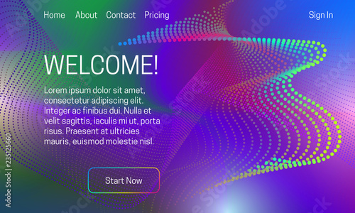 Asbtract iridescent background design. Landing page template with colorful stream of lines and dots.