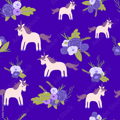 Cute magic Unicorns on a floral background. Seamless pattern