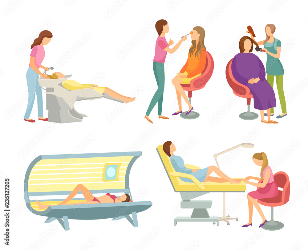 Spa Salon Hair Wash and Hairstyling Set Vector Spa Salon Hair Wash and Hairstyling Set Vector
