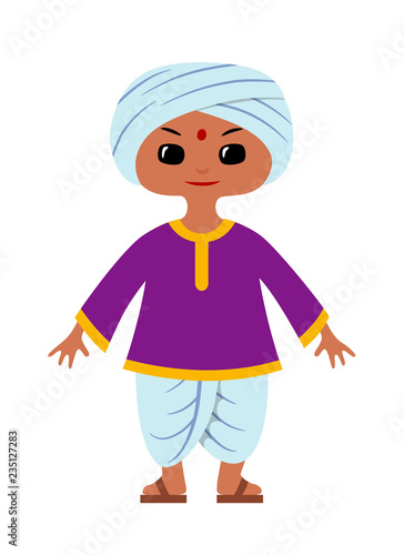 Indian boy wearing traditional clothes: dhoti, kurta and turban. Character design. Vector illustration in chibi style, isolated on white.