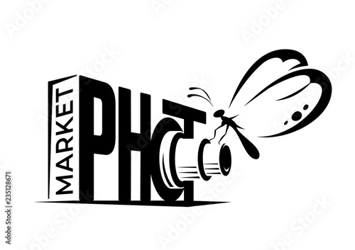 Vector photo market logotype. Camera with butterfly