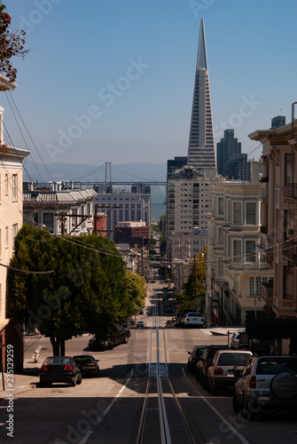 Photography Looking downhill towards the Pyramid in downtown San Francisco